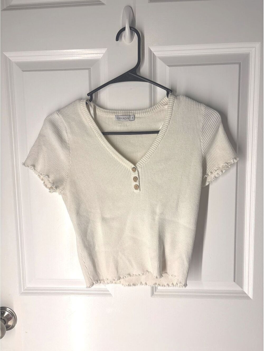 Y2K Coquette Baby Tee Streetwear Cream Small Cotton Ghanda Sonny Frill Tee